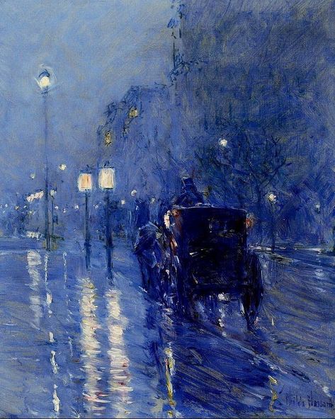 Childe Hassam (1859–1935): Rainy Midnight, late 1890s, oil on canvas, 54 x 46.4 cm (21 1/4 x 18 1/4 in.), The Museum of Fine Arts, Houston… Rainy Midnight, Childe Hassam, Impressionism, The Rain, On Instagram, Blue, Instagram