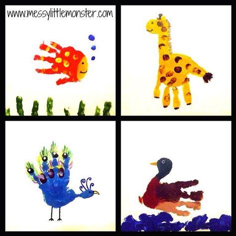 Cute Hand Print Animals, Toddler Painting, Kids Canvas, Footprint Art, Handprint Crafts, Handprint Art, Toddler Art, Crafts With Pictures, Animal Canvas