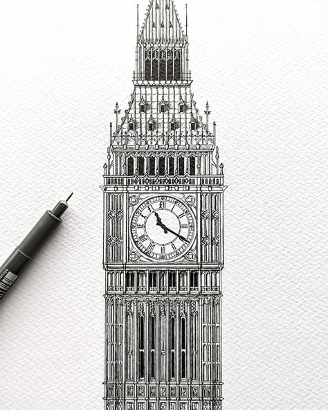 My drawing of Big Ben, London. Pencil Art Building Drawings, London Pencil Drawing, Drawing Old Buildings, Drawing On Big Paper, Drawing Ideas For Big Paper, Art Buildings Drawings Architecture, Sketches Of Buildings Architecture, Drawn Houses Illustrations, London Buildings Drawings