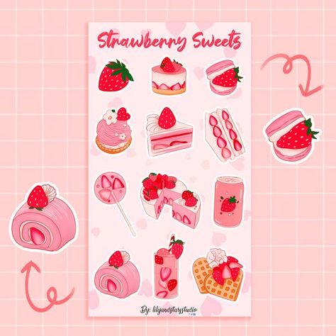 Strawberry Sticker Sheet • Kawaii Aesthetic Cake • Cute Desserts • Pink Planner Stickers • #stickersprintable #stickersheets #funnystickers #stickerideas #aestheticstickers #cutestickers Strawberry Sticker Sheet, Pink Planner Stickers, Strawberry Sticker, Drawn Food, Cake Cute, Aesthetic Cake, Pink Planner, Valentine Stickers, Scrapbook Stickers Printable