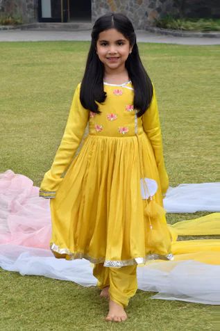 Buy #Embroidered #Anarkali Set by #PanchhiCouture at #azafashions #shop #online at #Azafashions.com Kids Anarkali Dress, Kids Salwar Suit Design, Nahida Redesign, Kid Dresses, Yellow Anarkali, Pakistani Shalwar, Haldi Dress, Friendship Pictures