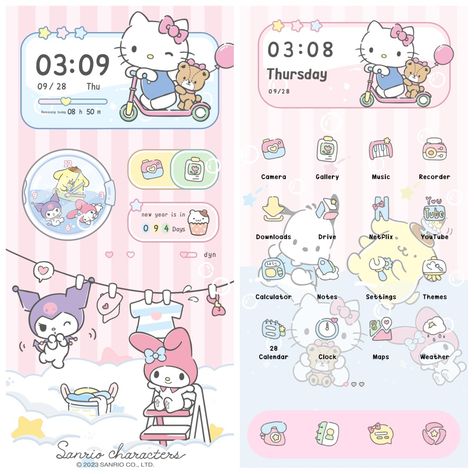 Sanrio Ios Layout, Sanrio Phone Layout, Sanrio Phone Theme, Phone Layout Widgets, Homescreen Organization Android, Sanrio Layout, Android Phone Layout, My Melody Theme, Widgets Wallpaper