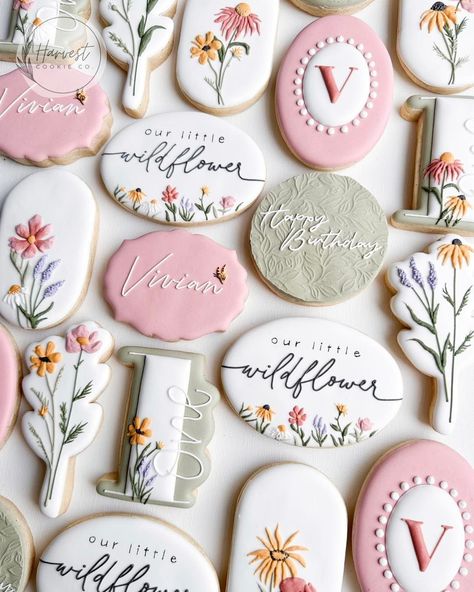 Wildflower Birthday Party, Baby First Birthday Themes, First Birthday Cookies, Flower Sugar Cookies, Flower Birthday Party, Royal Iced Cookies, Wildflower Baby Shower, Wild One Birthday Party, 1st Birthday Themes