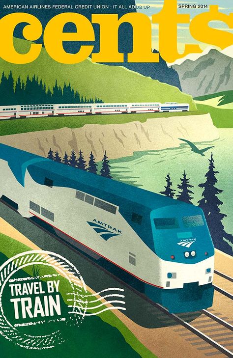 Vintage style train poster for magazine cover. Amtrak Travel, Train Illustration, Train Posters, Railway Posters, Interior Illustration, Art Deco Posters, Vintage Train, Travel Illustration, Train Travel