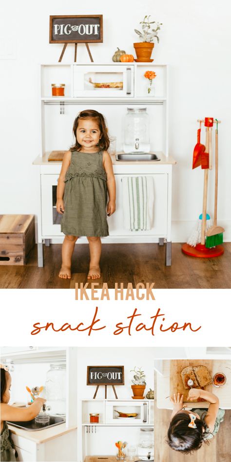 In this easy tutorial, learn how to transform an Ikea Duktig play kitchen into a REAL kitchen, completely stocked with healthy snacks and child-sized materials all within reach for your little one. TUTORIAL: https://wildearthling.com/2019/08/22/snack-station/ Montessori Kitchen Station Ikea, Toddler Self Serve Station, Ikea Kitchen Montessori, Montessori Self Care Station Ikea, Diy Montessori Kitchen Station, Montessori Breakfast Station, Ikea Montessori Kitchen, Montessori Ikea Kitchen, Toddler Snack Station