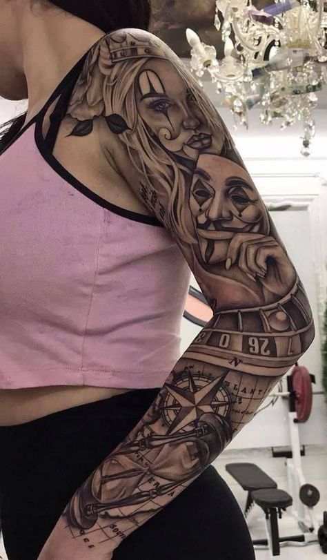 Mujeres Tattoo, Arm Sleeve Tattoos For Women, Chicano Tattoos Sleeve, Catrina Tattoo, Feminine Tattoo Sleeves, Skull Sleeve Tattoos, Girl Arm Tattoos, Girls With Sleeve Tattoos, Chicano Tattoos