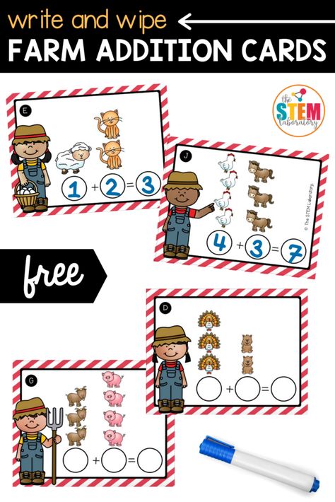 Farm Addition Cards - The Stem Laboratory Math Stem Activities, Addition Fluency, Farm Math, Free Math Centers, Farm Theme Preschool, Addition Kindergarten, Kindergarten Freebies, Addition Activities, Farm Preschool