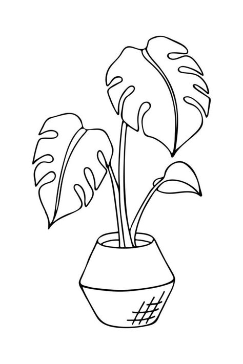 Doodle of monstera deliciosa in pot. Hand drawn vector illustration of indoor plant isolated on white background. Monstera Plant Drawing Simple, Monstera Drawn, Potted Plant Doodles, Monstera Deliciosa Drawing, Monstera Doodle, Potted Plant Drawing, Planter Drawing, Monstera Plant Drawing, Japan Tattoos