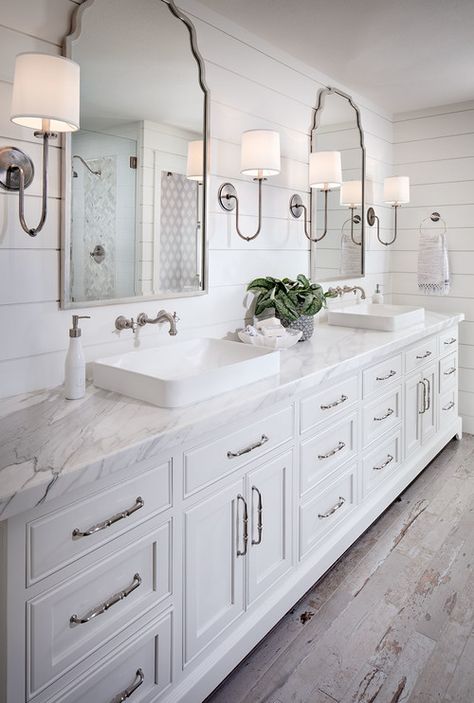 Bathroom With Mirror Lights, 10 Ft Bathroom Vanity, Costal Farmhouse Bathrooms, Vanity Next To Tub, Coastal Powder Bathroom, Shiplap Bathroom Wall, Makeover Kamar Mandi, Bathroom Vanity Remodel, Shiplap Bathroom