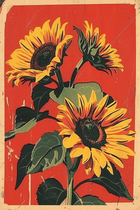 Vintage Matchbox Label with Sunflowers on Red Background Old Poster Aesthetic, Bold Red Aesthetic, Vintage Wall Collage Ideas, Sunflower Drawing Aesthetic, Vintage Illustration Wallpaper, Sunflower Art Drawing, Red Flowers Drawing, Red Background Flower, Simple Sunflower Painting