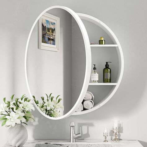 Amazon.com: Keonjinn 20 Inch Round Medicine Cabinet with Mirror, White Surface Mount Only Medicine Cabinet, Farmhouse Medicine Cabinet with Mirror, Modern Metal Frame Bathroom Vanity Medicine Cabinet with Mirror : Home & Kitchen Mirror Medicine Cabinet Bathroom, Circular Mirror Bathroom, Medicine Cabinets Ideas, Round Medicine Cabinet, Farmhouse Medicine Cabinet, Farmhouse Medicine Cabinets, Mirrors For Bathrooms, White Medicine Cabinet, Round Bathroom Mirror