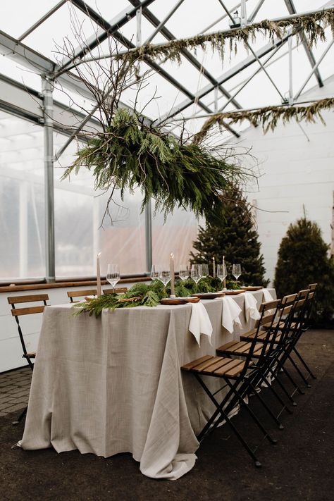 Winter Greenhouse Wedding, Scandinavian Wedding Decor, Winter Green House, Green House Wedding, Winter In Maine, Green Winter Wedding, Hygge Wedding, Greenhouse Venue, Winter Table Setting