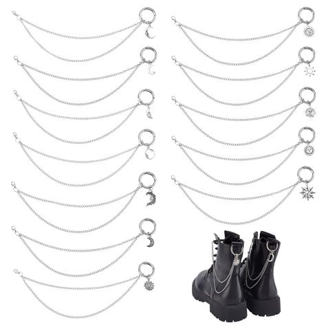 PRICES MAY VARY. Shoe Chains Set:The package you receive contains 6 pairs boot chain with 6 different styles of sun charms,6 different styles of moon charms,4 yard chain,12 spring clasps,12 lobster clasps and 24 open loops Easy to Wear:We provide spring clasps and lobster clasps for use on both ends of each shoe chain,making it easy for you to manoeuvre.No glue is required,simply attach the shoe chain directly to the laces DIY Shoes:This boot chain can be free DIY,hung with moon, sun ornaments, or other ornaments you like, making the shoes instantly refreshed and adding a sense of uniqueness and novelty to ordinary shoes High Quality Material:These shoe chains are made up of alloy sun and moon pendent and thick chains,strong modelling,not easy to deform,sparkling and dazzling for a long ti Shoe Chains, Shoe Chain, Chain Bracelet Diy, Chains Fashion, Boot Chains, Accessories For Wedding, Punk Shoes, Lace Diy, Shoe Decoration