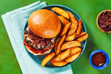 Share me on Pinterest Onion Jam Recipe, Juicy Lucy Burger, Balsamic Onions, Juicy Lucy, Onion Jam, Hello Fresh Recipes, Sweet Potato Wedges, Hamburger Recipes, Monterey Jack