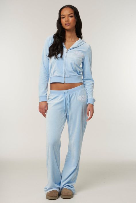 POWDER BLUE ULTRA LOW RISE BAMBOO VELOUR HERITAGE DOG CREST POCKETED BOTTOMS - XXL / Blue Blue Juicy Couture Tracksuit, Blue Juicy Couture, Juicy Tracksuit, Juicy Couture Y2k, Blue Bamboo, Zip Through Hoodie, Juicy Couture Tracksuit, Vintage Lounge, Bday Wishlist