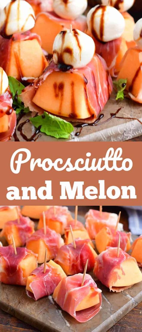 Prosciutto and Melon is a fun and easy classic Italian appetizer that's perfect for the summer. This is a no-bake recipe you're going to love! All you need is a fresh and juicy cantaloupe and thinly sliced prosciutto. To make it more interesting, add some fresh mozzarella balls and a sweet and tangy balsamic reduction. Melon Appetizer, Prociutto Appetizers, Melon Skewers, Proscuitto Appetizers, Prosciutto Appetizer, Prosciutto Melon, Italian Appetizer, Melon Recipes, Prosciutto Recipes