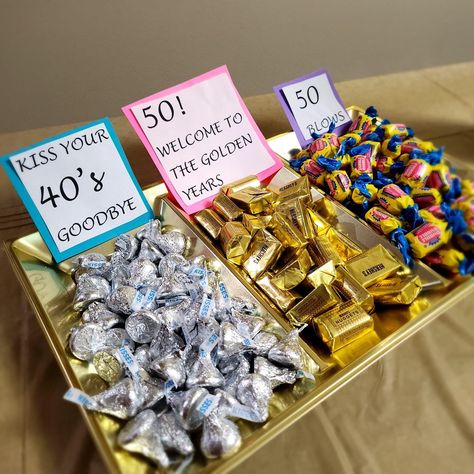 Over The Hill Party Food, Over The Hill Food Ideas, 50th Birthday Funny Decorations, 50th Birthday Snack Ideas, 50th Birthday Treats For Women, Over The Hill 50th Birthday Party Ideas, 50th Birthday Party Foods, 50th Birthday Candy Bar Ideas, Coworker 50th Birthday Ideas