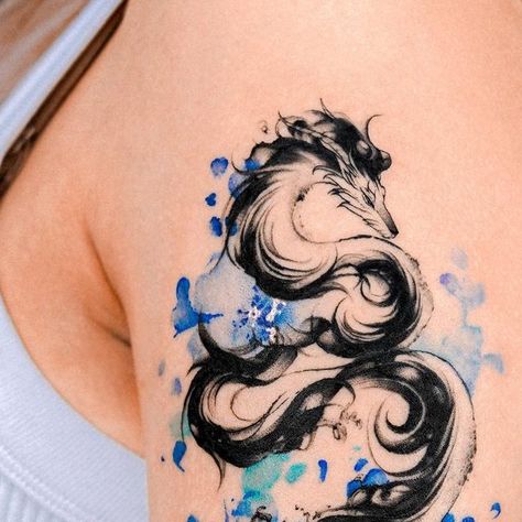 𝗘.𝗻𝗮𝗹 on Instagram: "Brushstroke-style haku and watercolor blue flowers 🐉💙🌺 Thank you :) @e.nal.tattoo @vismstudio" Dragon Tattoo Brushstroke, Haku Tattoo, Blue Tattoo, Watercolor Blue, Tattoo Inspo, Dragon Tattoo, Arm Sleeve, Tattoo On, Brush Strokes