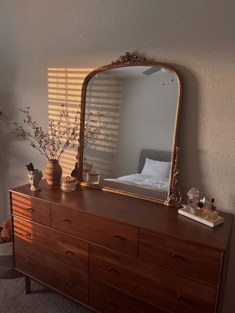 Anthropologie Mirror Dresser, Boho Dresser With Mirror, Romantic Dresser Decor, Primrose Mirror Bedroom, Anthropologie Mirror On Dresser, Dresser With A Mirror, Dresser Decor Mirror, Rustic Dresser Decor, Primrose Mirror Living Room