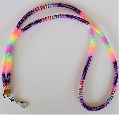 Beaded Rope Lanyards, Beaded Lanyard Native, Rainbow Beaded Lanyard, Beaded Keychains Patterns, Indigenous Beaded Lanyard, Multicolor Beaded Lanyard With Key Leash, Seed Beads Diy, Simple Beaded Necklaces, Beaded Hat Bands