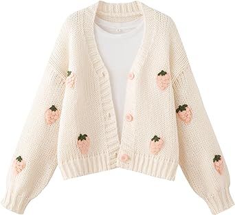 FindThy Women’s Kawaii Strawberry Embroidered Cardigan Long Sleeve V Neck Chunky Knitted Cardigans Tops Winter Outfits Shopping, Xmas Outfit Ideas, Strawberry Clothing, Kawaii Outfit, Crochet Coat, Gift Inspo, Cardigan Sweater Coat, Cute Cardigans, Modern Clothing