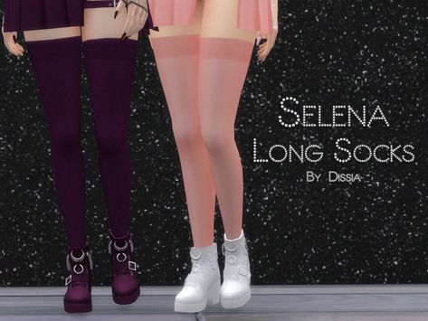 Sims 4 — Selena Long Socks by Dissia — Selena Long Socks 32 swatches (16 colors, with or without nett) Hope you like it #featuredartist Sims 4 Challenges, Leaf Skirt, Pleated Skirt Short, Los Sims, Pleated Long Skirt, Best Sims, Thigh High Socks, Moon Boots