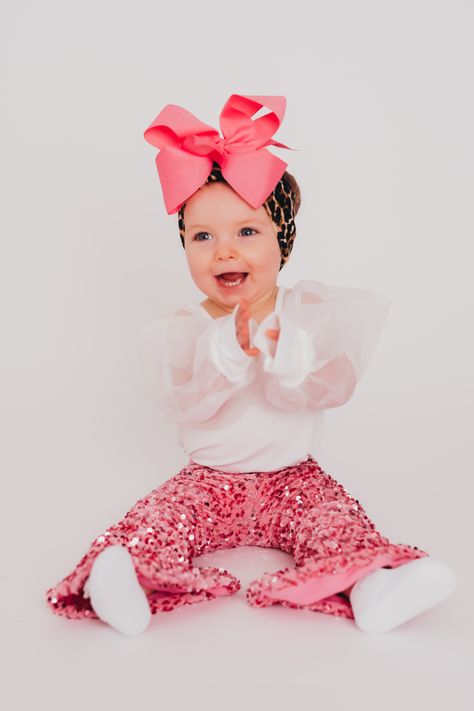 Pink Sleeveless Bubble Romper For First Birthday, Playful Pink Tops For First Birthday, Toddler In Flare Pants, Baby Bell Bottoms, Baby Boutique Clothing Sparkle In Pink, Flares Outfit, Sequin Flare Pants, Glitter Pants, Sparkly Outfits