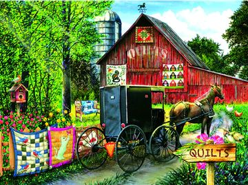 New Items at Mary Maxim | Mary Maxim Exclusive Yarn & Crafts- Free Project Assistance! Sunsout Puzzles, Amish Quilt, Amish Farm, Farm Day, Tom Wood, Black Framed Art, Amish Quilts, Farm Scene, Colorful Quilts