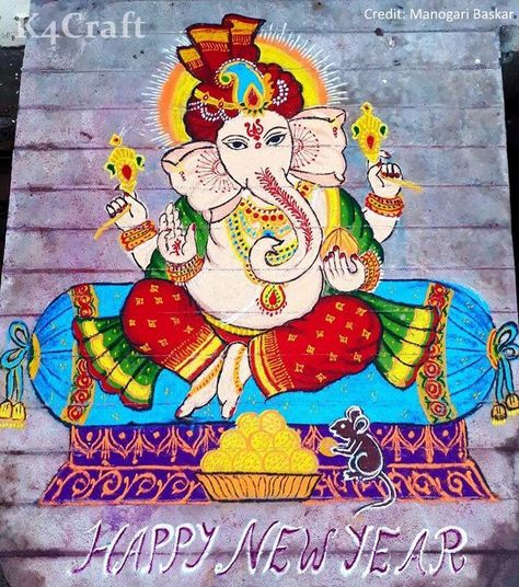 25+ Latest Ganesh Chaturthi Rangoli designs for 2018 - K4 Craft Ganpati Bappa Rangoli Designs Latest, Ganesha Rangoli Design Beautiful, Ganesh Rangoli Creative, Rangoli Designs For Ganesh Chaturthi, Ganesh Chaturthi Rangoli, Vinayak Chaturthi, Paintings On Fabric, Diy Rangoli, Best Rangoli Designs