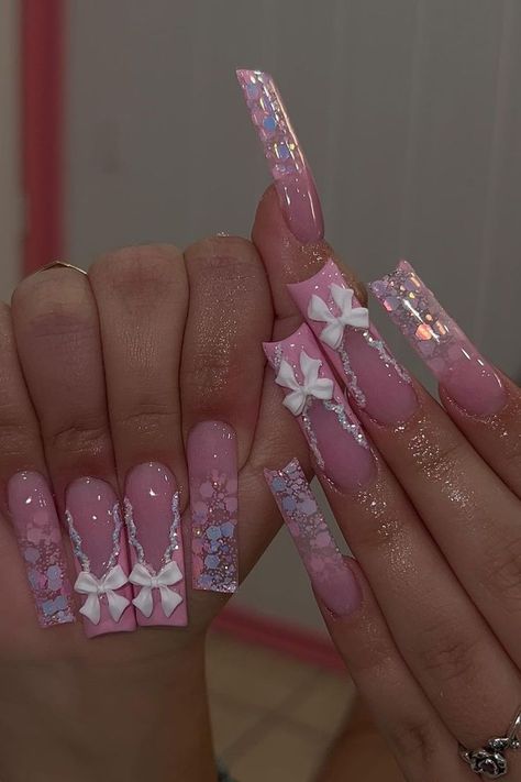 pink glittery acrylic nails with bows Acrylic Toe Nails, Girly Acrylic, Diy Acrylic Nails, Nails Design With Rhinestones, Girly Acrylic Nails, Dope Nail Designs, Long Acrylic Nails Coffin, Long Nail, Acrylic Nails Coffin Pink