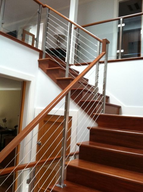 Teak stairway with stainless cables and glass panels. Stairway Railing Ideas, Stairways Ideas, Staircases Ideas, Stairway Railing, Railing Designs, Railing Ideas, Narrow House, Staircase Railings, Home Stairs Design