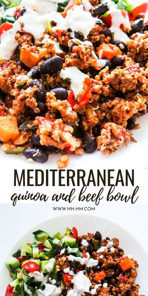 Ground Beef With Tahini, Mediterranean Recipes Dinner Ground Beef, Diced Beef Recipes Healthy, Mediterranean Beef Bowl, Ground Beef Quinoa Recipes, Ground Beef Quinoa Bowl, Mediterranean Diet Recipes With Ground Beef, Quinoa And Beef Recipes, Ground Beef Clean Eating