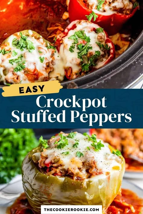 These Crockpot Stuffed Peppers are stuffed with savory ground beef, tender rice, delicious spices, and cheesy mozzarella. Easy and delicious, these stuffed peppers will be your new favorite weeknight meal. Stuffed Bell Peppers Ground Beef, Cooking Stuffed Peppers, Crockpot Stuffed Peppers, Slow Cooker Stuffed Peppers, Stuffed Peppers Recipe, Stuffed Peppers Turkey, Crock Pot Slow Cooker, Healthy Crockpot, Crockpot Recipes Slow Cooker