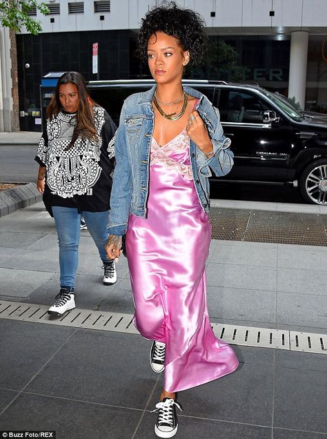 Celebrities LOVE the underwear as outerwear trend #dailymail Street Style Rihanna, Lingerie As Outerwear, Rihanna Street Style, Looks Rihanna, Lifestyle Dresses, Rihanna Outfits, Pink Slip Dress, Rihanna Looks, Bad Gal Riri