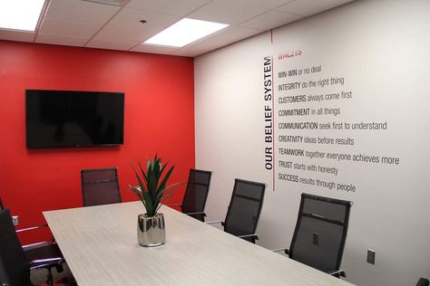 American Family Insurance Office Decor, Red And Black Office Decor Ideas, Red Black And White Office Ideas, Red Accent Wall Office, Red Office Design, Black And Red Office Design, Red Office Decor Ideas, Red Office Interior Design, Red And White Office Interior