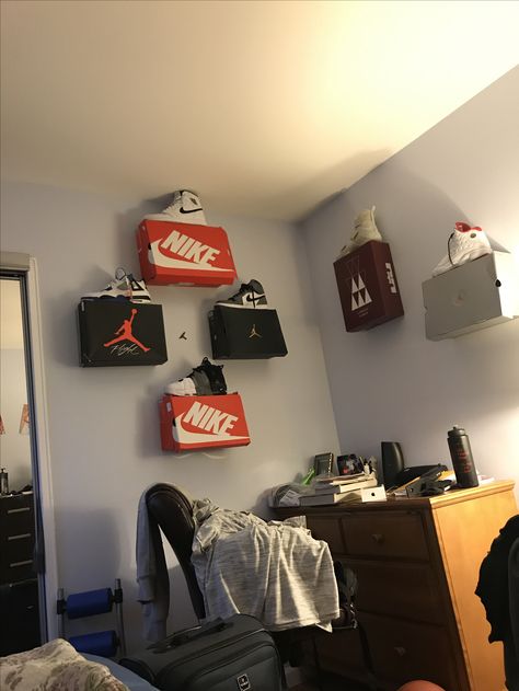 How to decorate your room with shoe boxes Shoe Display With Boxes, How To Put Shoe Boxes On The Wall, Room With Shoes On The Wall, Show Boxes On Wall, Nike Boxes On Wall, Shoes Boxes On Wall Decor, Shoe Box Room Decor, Shoe Box On Wall, Shoe Box Shelves