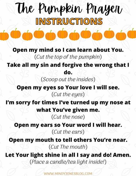 This printable pumpkin prayer activity is the perfect way to help teach your kids about God this fall! This activity walks you through step by step carving a pumpkin. As you do each step of craving with your kids, read the pumpkin prayer and remind them of what it truly means to be a Christian. This printable includes wall art to hang up in your home, an instructions page, and a bonus... FREE bookmarks with the pumpkin prayer on them to print out, laminate, and encourage your kids in reading too Pumpkin Prayer Printable Free, Pumpkin Prayer Printable, Free Pumpkin Printables, Toddler Bible Crafts, Christian Halloween Crafts, Prayer Template, Pumpkin Prayer, Prayer For Kids, Pumpkin Lessons