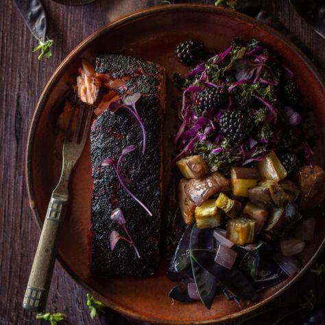 Elderberry and Pomegranate Salmon with Purple Snow Pea and Red Onion Sauté, Roast Eggplant with Sugar-Free “Honey,” and Massaged Purple Kale and Red Cabbage Salad with Blackberries - Primal Wellness New Years Eve Recipe, Goth Recipes, Pomegranate Salmon, Witchy Food, Goth Food, Gothic Food, Gothic Dinner, Purple Kale, Sugar Free Honey