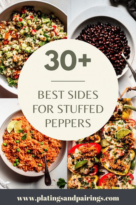 Wondering what to serve with stuffed peppers for dinner? This handy guide covers all of the best sides for stuffed peppers – from veggies, to salads, and more! Stuffed Peppers Meal With Sides, What To Make With Stuffed Peppers, Side Dishes With Stuffed Peppers, Sides To Go With Stuffed Bell Peppers, Stuffed Pepper Sides Ideas, Stuffed Bell Peppers Dinner Sides, Side Dishes For Stuffed Bell Peppers, Stuffed Bell Peppers Meal Sides, Stuffed Bell Peppers Side Dish