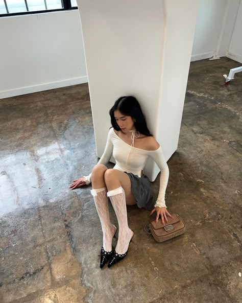 Fall fashion, white fox top, motel rocks skirt, pleated skirt, Tony bianco heels, kitten heels, pointed toe heel Date Night Korean, Cute Tights Outfit, Knee Socks Outfits, Kitten Heels Outfit, Psychology Student, Ballet Core, Coquette Style, Sock Outfits, Ootd Inspo