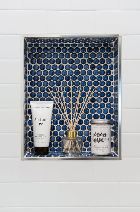 schluter jolly edge and round blue mosaic alcove Shower Niche Schluter, Penny Round Shower Niche, Shower Nook Tile, Shower Niche Edging, Blue Shower Niche, Tile Niche Ideas, Penny Tile Shower Niche, Schluter Tile Edge Showers, Penny Tile Niche