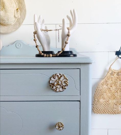 Blue dresser painted Smoke (Benjamin Moore) - @bayberrymoon. Pale Blue Dresser, Calm Bedroom Colors, Colors That Compliment Grey, Dusty Blue Paint, Neutral Bedroom Paint, Paper White Benjamin Moore, Quiet Moments Benjamin Moore, Dresser Paint, Calming Bedroom Colors