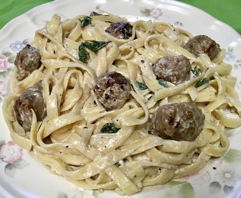 Fettuccine Alfredo with Sausage Fettucini Alfredo Recipe, Italian Sausage Links, Alfredo With Sausage, Sausage Noodles, Fettucini Alfredo, Fried Sage, Sausage Meatballs, Fresh Sage, Hot Sausage