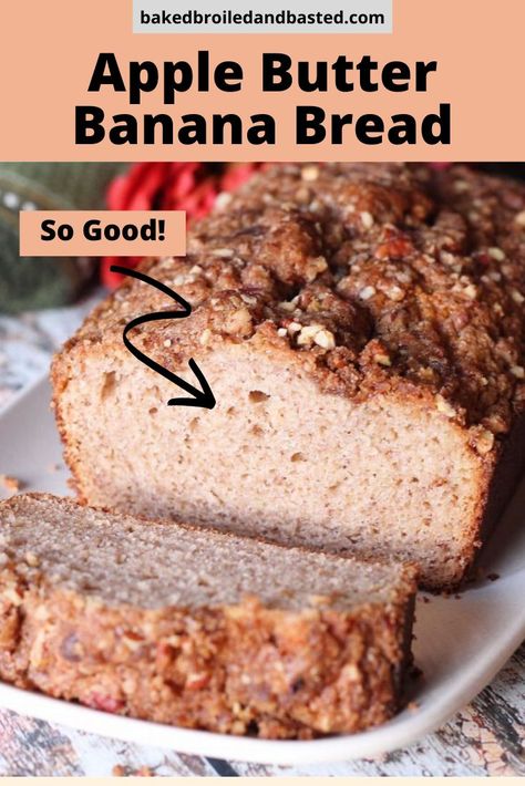 This is a banana bread on steroids !! It has the added flavor from the apple butter which gives hints of apple and cinnamon. The apple butter also adds a certain tenderness. Then it is topped with a Pecan Streusel which adds a crunchy sugary topping. This is a great light dessert or snack with coffee. #bananabread,#applebutter,#applebutterbananabread,#cookingwithapplebutter,#yummybreads Apple Butter Bread Recipe, Apple Butter Bread, Apple Butter Muffins, Egg And Bread Recipes, Sweet Scones, Breakfast Bakes, Butter Banana Bread, Light Dessert, Apple Butter Recipe