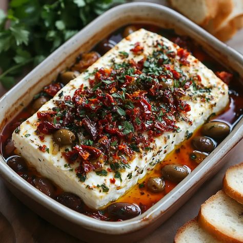 Mediterranean Baked Feta – CIIFOOD Baked Feta Appetizer, Mediterranean Buffet, Baked Feta Dip, Spicy Feta Dip, Mediterranean Theme, Baked Feta, Feta Dip, Yummy Dishes, Inflammatory Diet