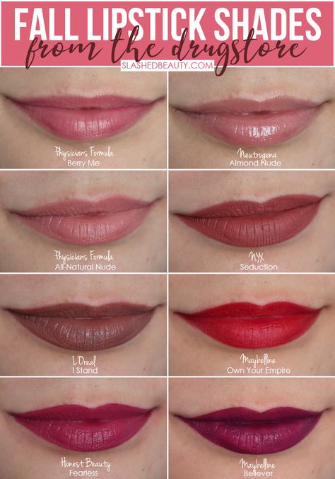 8 Perfect Shades of Drugstore Lipsticks for Fall | Best Drugstore Lipsticks for Fall 2019 | Slashed Beauty Fall Lip Colors For Fair Skin, Light Berry Lipstick, Fall Drugstore Lipstick, Fall Lipstick Colors 2023, Bridal Lipstick Colors, Lipstick Colors For Brunettes, Drugstore Red Lipstick, Cranberry Lipstick, Fall Lipstick Colors