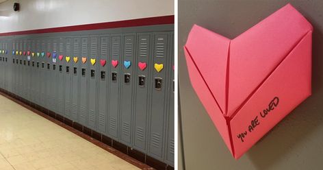 Over 1500 students attend Troy High School in Ohio, and one anonymous student made it their mission to make sure not a single one felt lonely on Valentine's day. In a stunning act of kindness, the student prepared colourful origami hearts for all of their peers, and taped one to every locker lining the school's hallways. As a staff member described, these are individually hand written origami hearts that this person started working on back in September. This person has been secretly s... Valentines Middle School, Valentines High School, Satirical Illustrations, Clever Classroom, School Hallways, Mental Attitude, Bear Valentines, Student Council, Valentines School