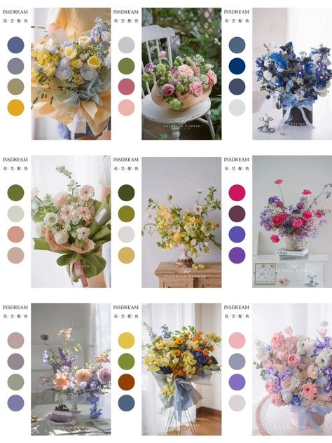 Flower Color Pallet Ideas, Best Flower Color Combinations, Modern Minimalist Bouquet, Color Palette Flowers Colour Schemes, Flower Bouquet Color Palette, Crochet Flower Arrangements, Bouquet Color Palette, Patterns Minimalist, Minimalist Crochet