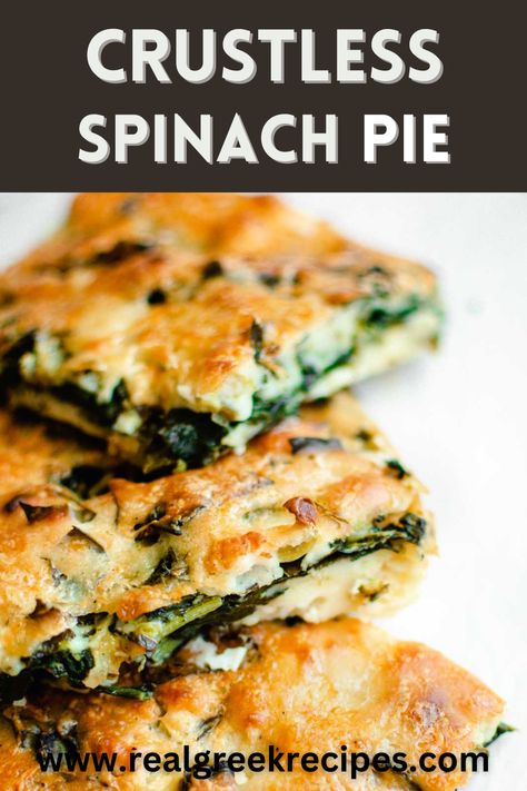 crust-less spinach pie Crustless Spinach Pie, Fresh Spinach Recipes, Easy Spinach Recipes, Greek Products, New Vegetarian, Healthy Pies, Creamy Feta, Spinach Pie, Feta Recipes