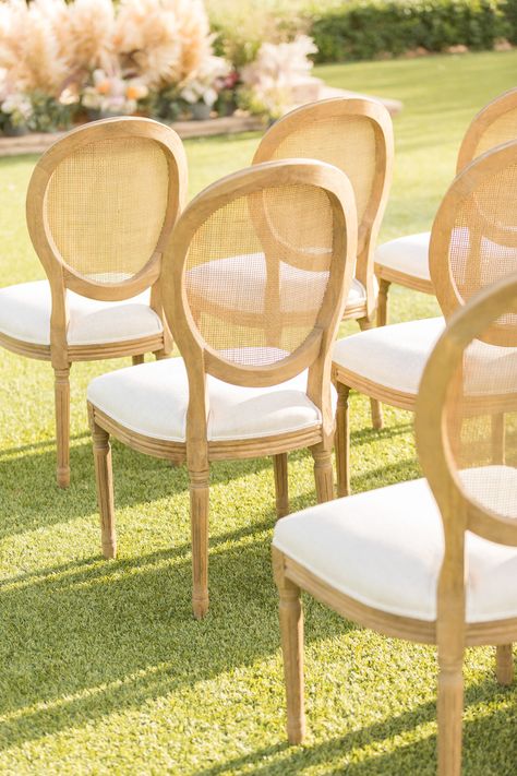 Looking for an elegant but still comfortable ceremony chair?  Well, no need to continue your search because these Sofia Cane Back Chairs are what you've been looking for!!! Event Chair Decor, Rattan Wedding Chairs, Wooden Chairs Wedding, Pheras Decor, Whicker Chair, Woods Wedding Ceremony, Chairs For Wedding, Napoleon Chair, Wedding Reception Chairs